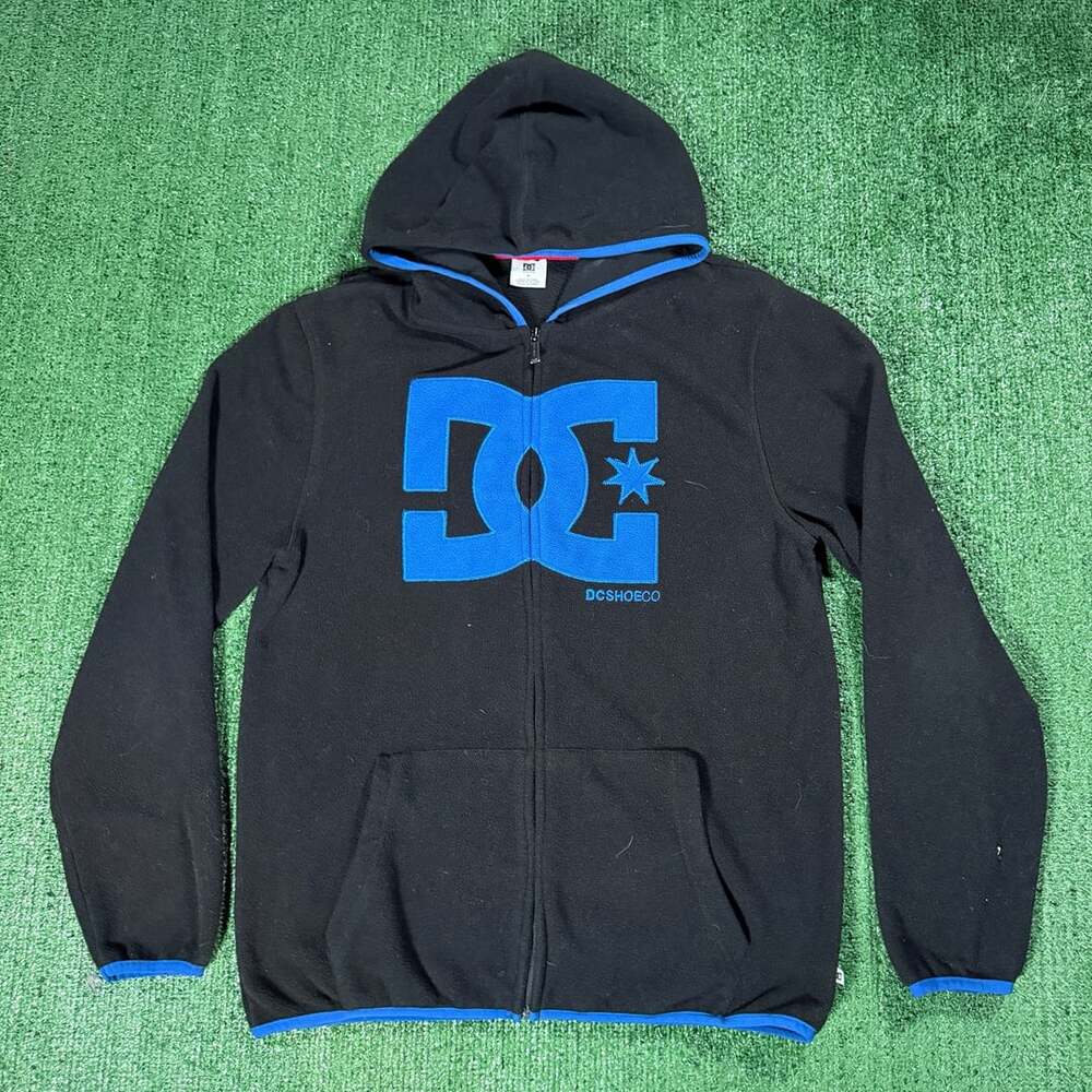 Y2K DC Shoe Co Black Blue Logo Fleece Zip Up Hoodie Size Medium